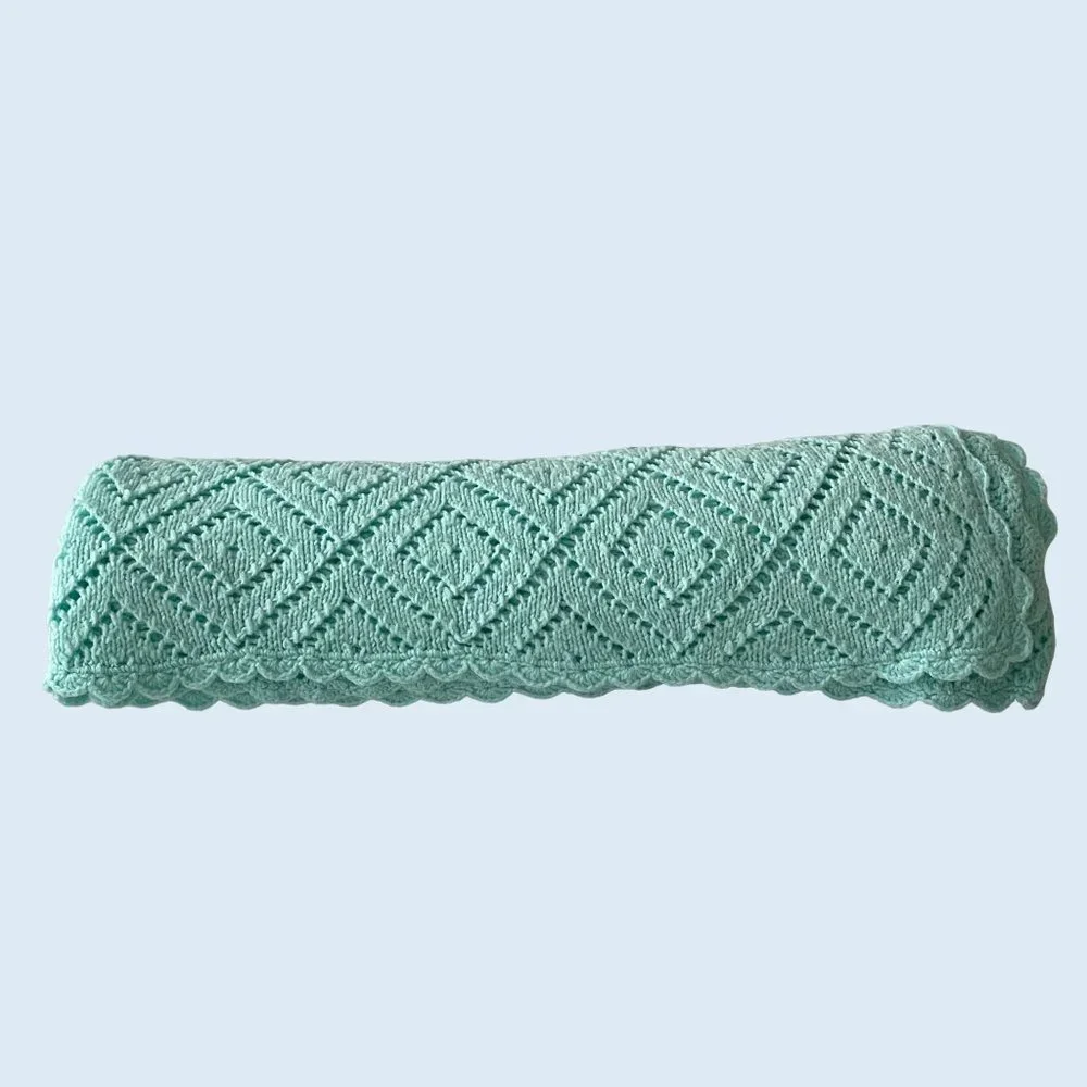 Handmade Baby Blanket Crocheted Throw Blue Mint Diamond Pattern Lightweight